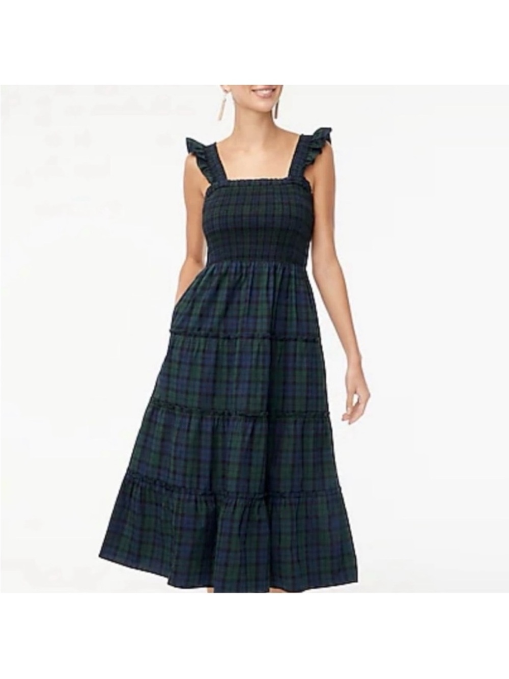 J Crew Cotton Poplin Smocked Tartan Plaid Ruffle Gather Tiered Midi Dress